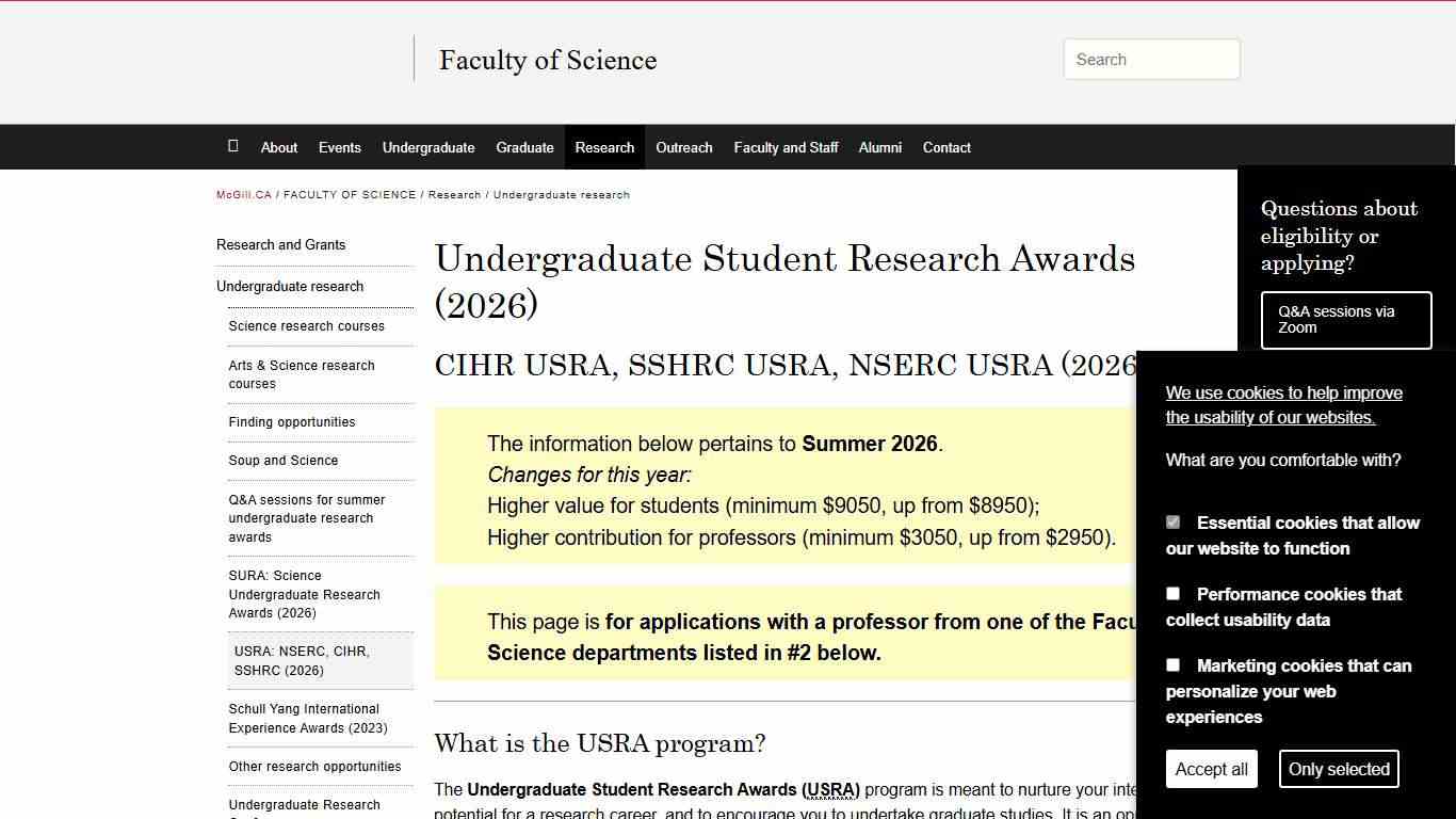 Undergraduate Student Research Awards (2026) Faculty of Science - McGill University